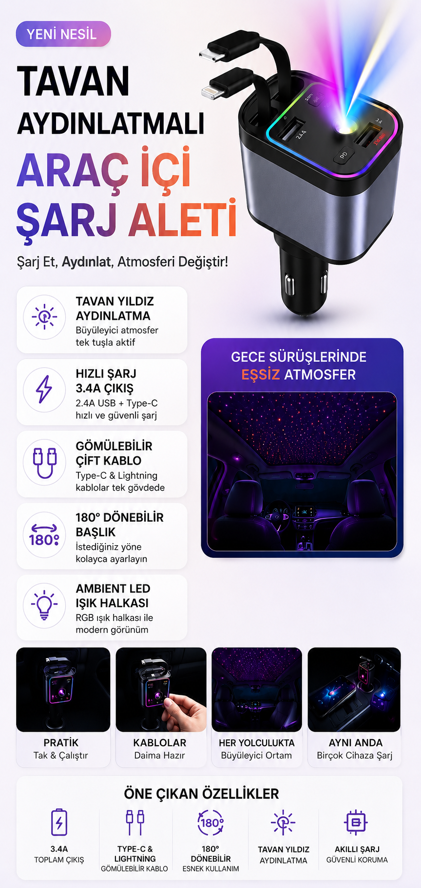 Tavan Aydınlatmalı Araç İçi Şarj Aleti